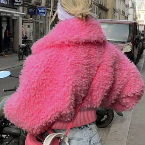 Pink Casual Women's Faux Fur Cropped Jacket - Picture 5 of 5